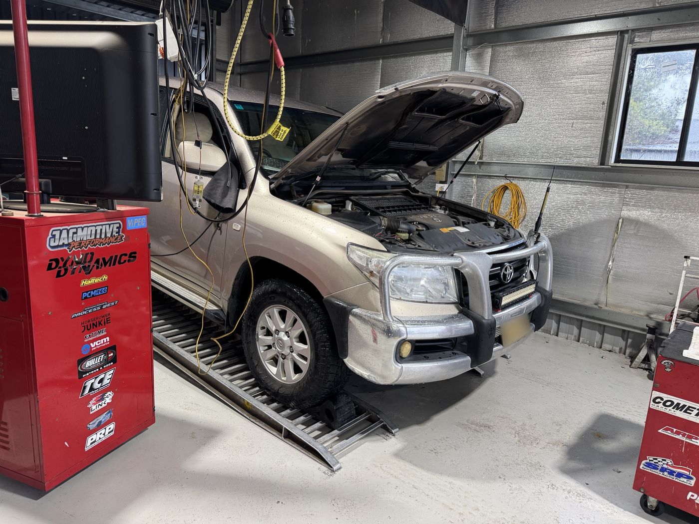 Toyota LandCruiser 200 Series on the Jagmotive dyno with its bonnet up