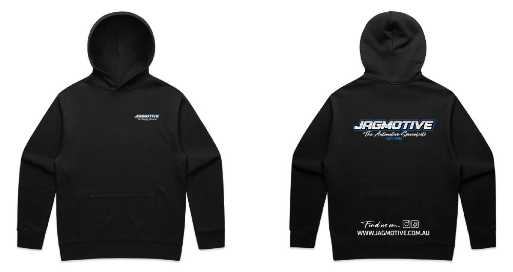Black Jagmotive hoodie, front and back